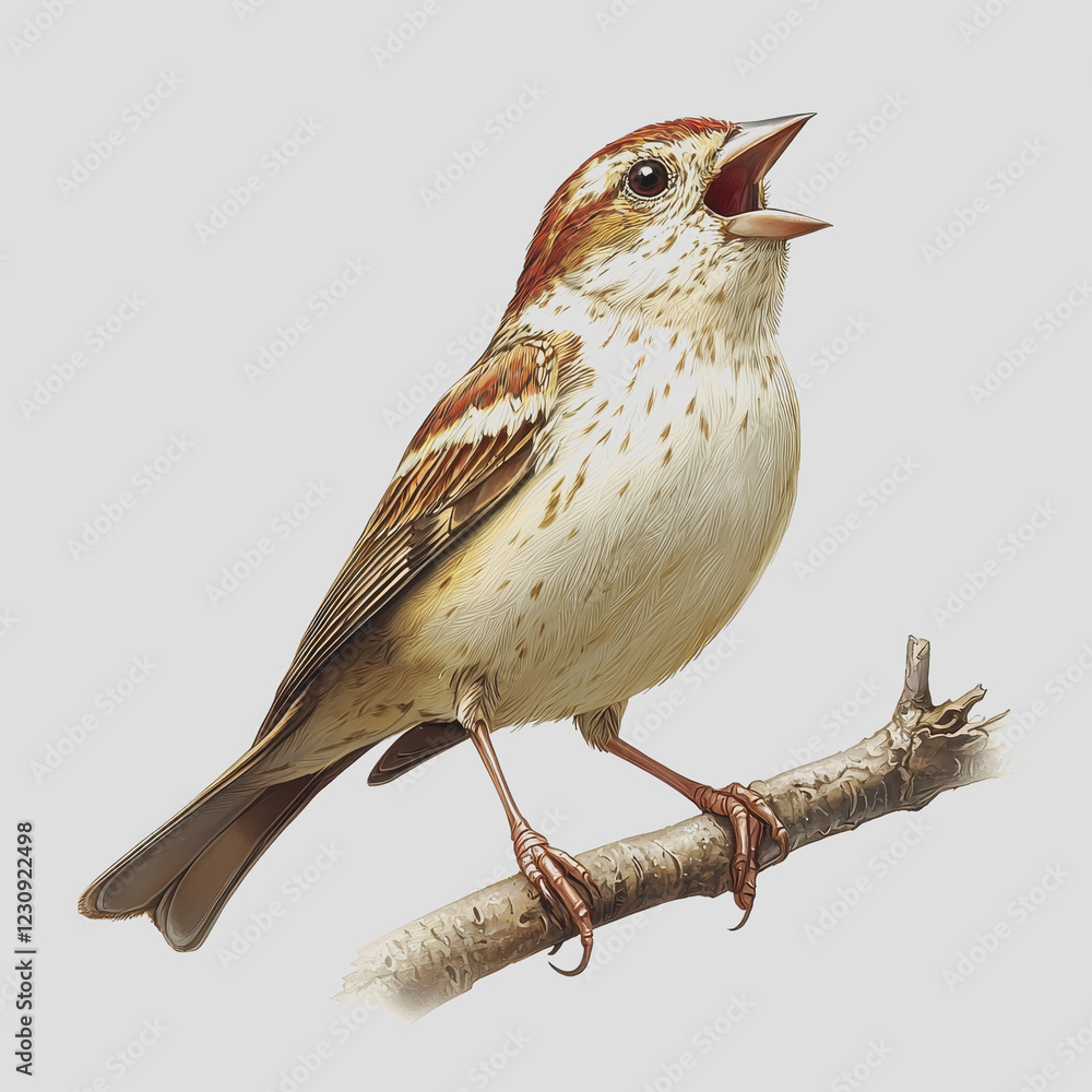 Poster bird perched on a tree branch in a natural setting with greenery and blurred background creating a s