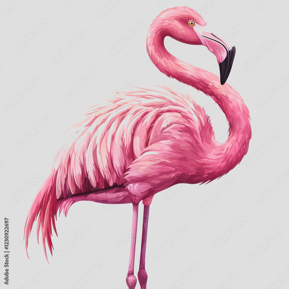 Poster pink flamingo standing elegantly against a stark white background showcasing its vibrant color and d