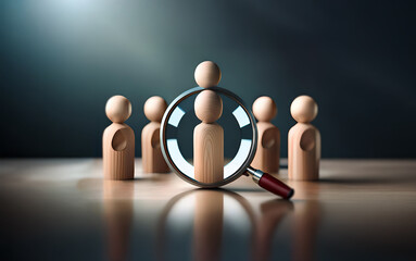 A magnifying glass focuses on one wooden figure in a group of five.