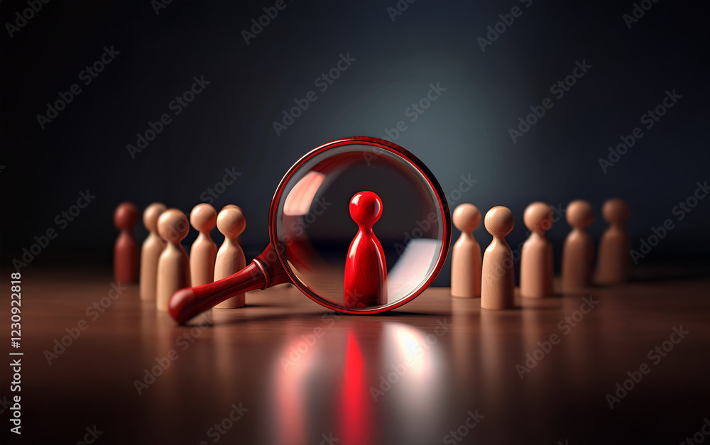 Poster a magnifying glass focuses on a single red figure standing out from a row of wooden figures.