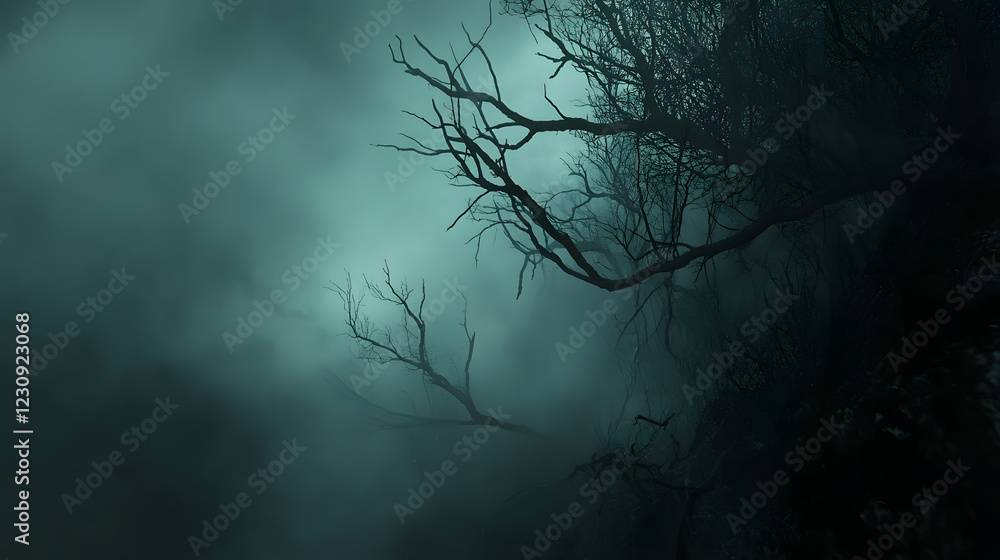 Poster elegant tree branches casting shadows in ethereal fog light