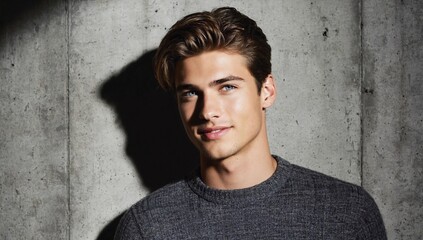 Handsome romantic man confidently poses against  neutral background. Cute young guy with stunning blue eyes. Mesmerizing male gaze
