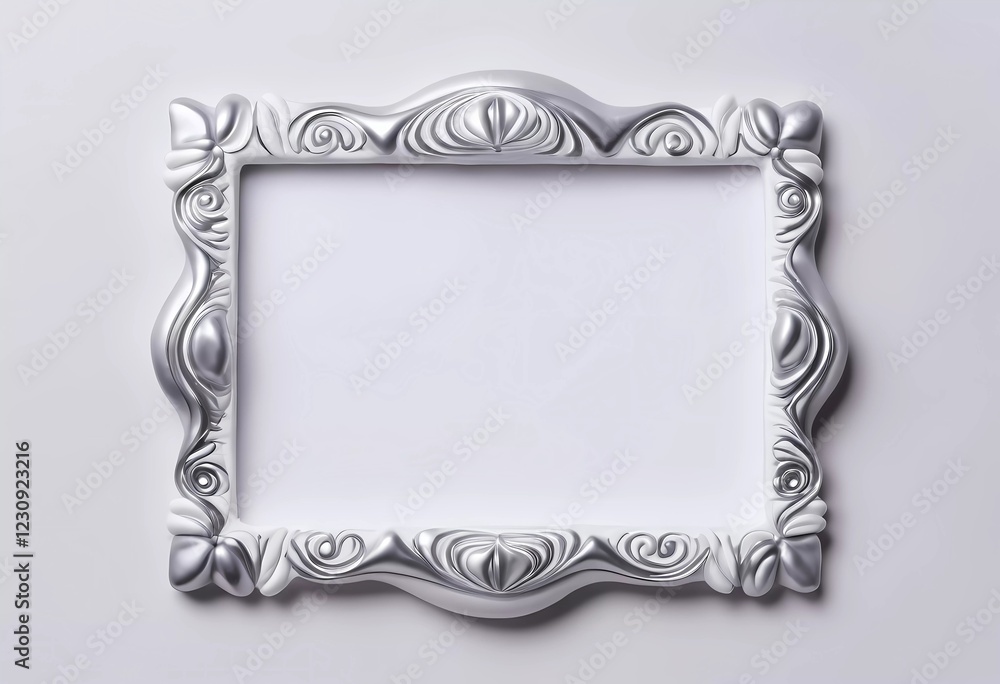 Poster ornate rectangular frame stands out with its detailed design against a soft silver grey background, 