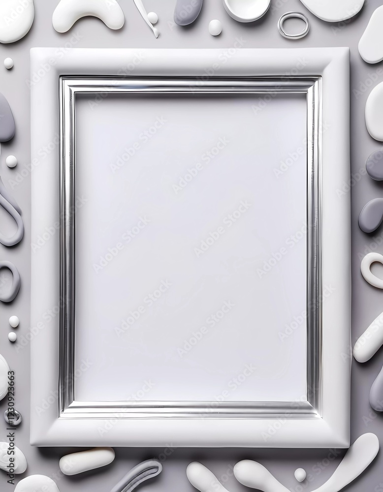Poster a silver rectangular frame sits on a white and grey backdrop, surrounded by abstract shapes, offerin
