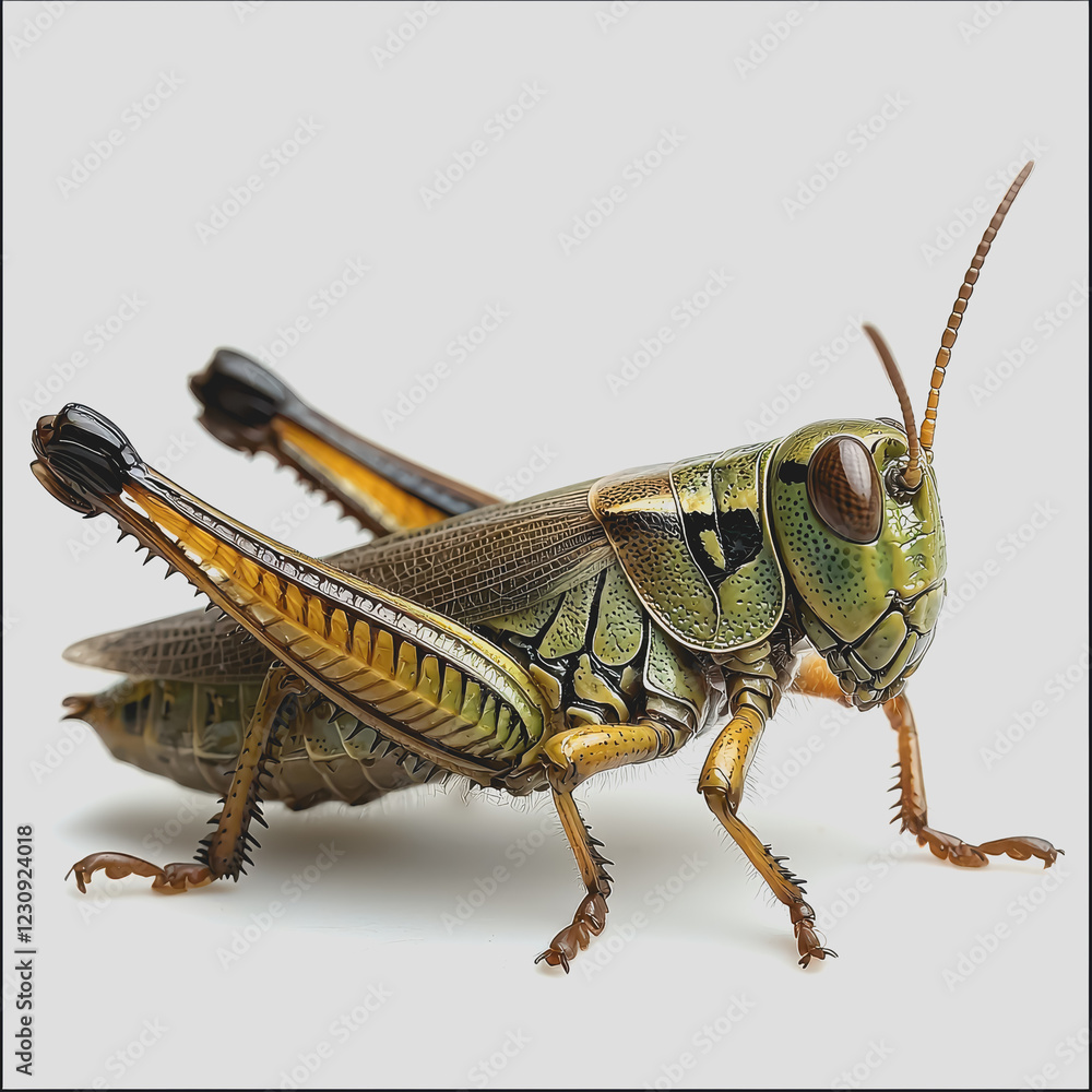 Poster close up of a grasshopper insect showing detailed features and textures on its body and legs in a na