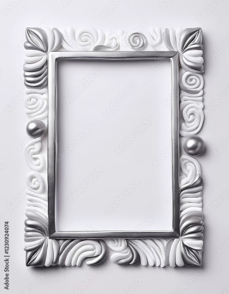 Poster a rectangular frame designed with intricate white and silver patterns, ready for artwork or pictures