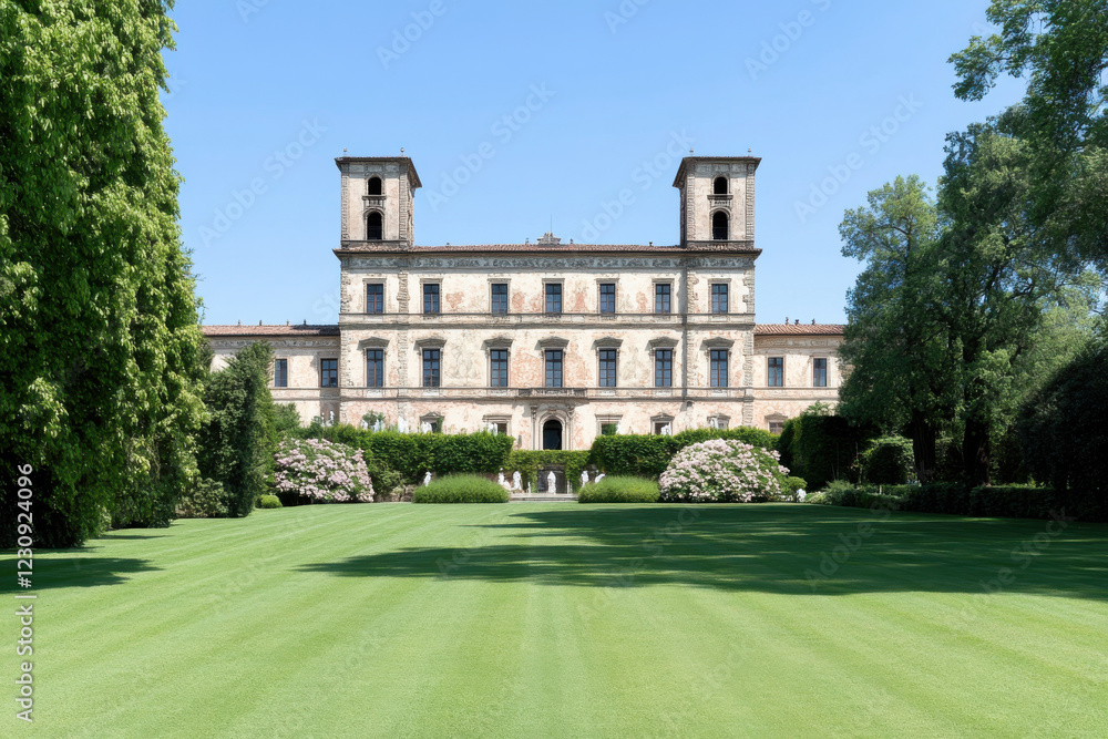 Poster a large building with a green lawn in front of it