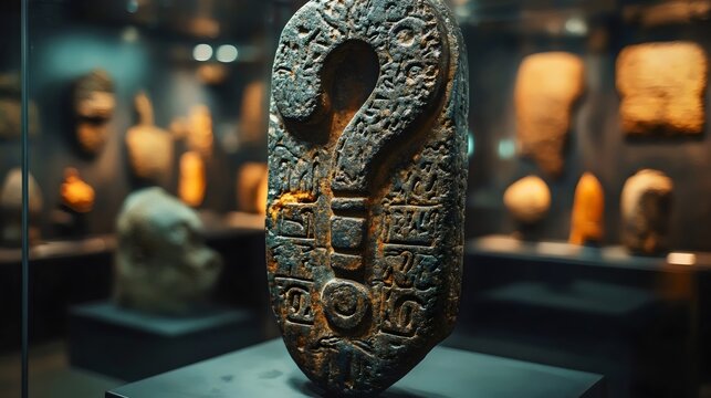 A large stone with a question mark on it sits on a display case - Powered by Adobe