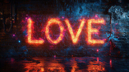 vibrant and colorful representation of word LOVE illuminated against dark, textured wall, creating warm and inviting atmosphere