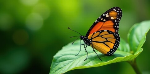 Obraz premium A monarch butterfly resting on a leaf in a garden setting , garden scene, nature
