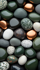 Elegant Polished Stones Green, Gray, White, Copper Pebbles