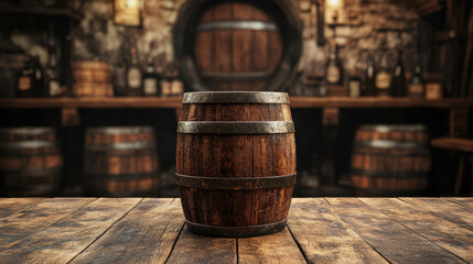 rustic wooden barrel sits on weathered table, surrounded by cozy tavern atmosphere with blurred bottles in background, evoking sense of warmth and nostalgia