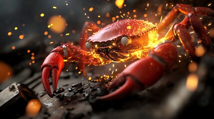 Crab blacksmith forging weapons underwater, sparks flying, 3D illustration