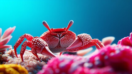 Coral reef scene with various colorful crabs, underwater ambiance, 3D illustration
