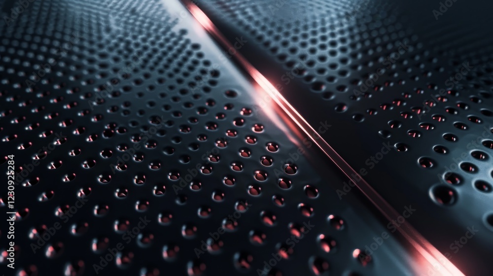 Poster abstract metal texture with perforated pattern and glowing line