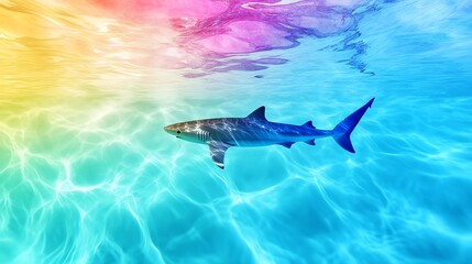 Fototapeta premium Crystal shark reflecting rainbow hues, mesmerizing ocean scene, 3D illustration