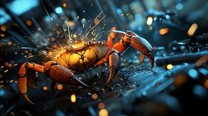 Crab blacksmith forging weapons underwater, sparks flying, 3D illustration