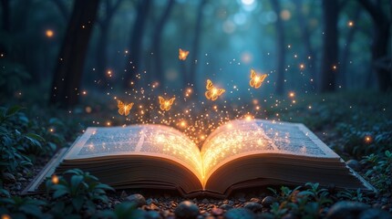 Obraz premium Enchanted Forest with a Glowing Book Surrounded by Magical Creatures - Sparkling Lights.