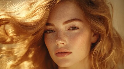 Naklejka premium Close Up Portrait of a Young Redhead Woman with Freckles and Windblown Hair in Golden Sunlight