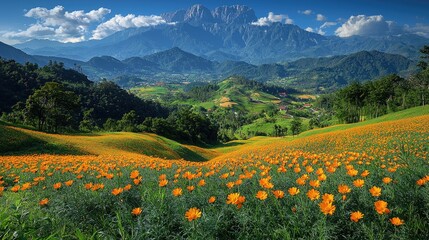 Mountainous Landscape Adorned With Vibrant Orange Flowers