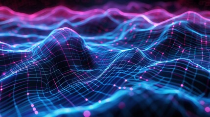Abstract Digital Landscape, Neon Wireframe Terrain