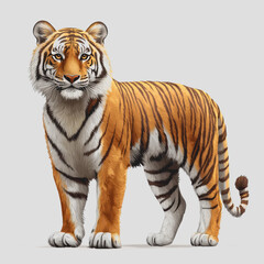Obraz premium Tiger standing on a white surface with a clear view of its features and posture showcasing the animal in a natural and calm setting