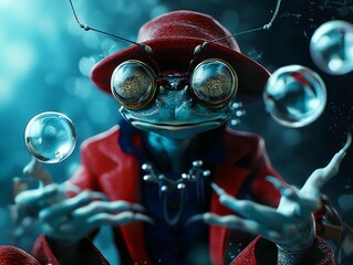 Fototapeta premium Magician crab conjuring floating water orbs, mystical setting, 3D illustration