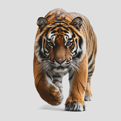 Obraz premium Tiger walking gracefully across a white surface showcasing its vibrant fur and muscular build in natural posture and environment