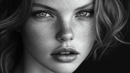 Fototapeta premium Close Up Monochrome Portrait of a Woman with Freckles