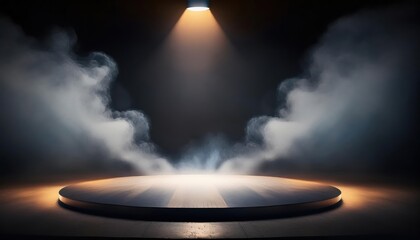 Empty stage with wooden round pedestal under a warm spotlight with fog and isolated black background.