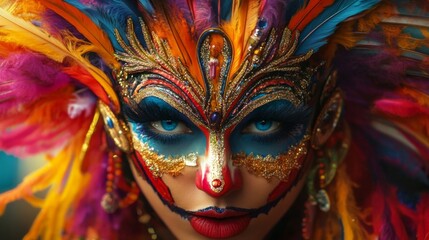 Close Up Colorful Carnival Mask with Feathers and Jewels