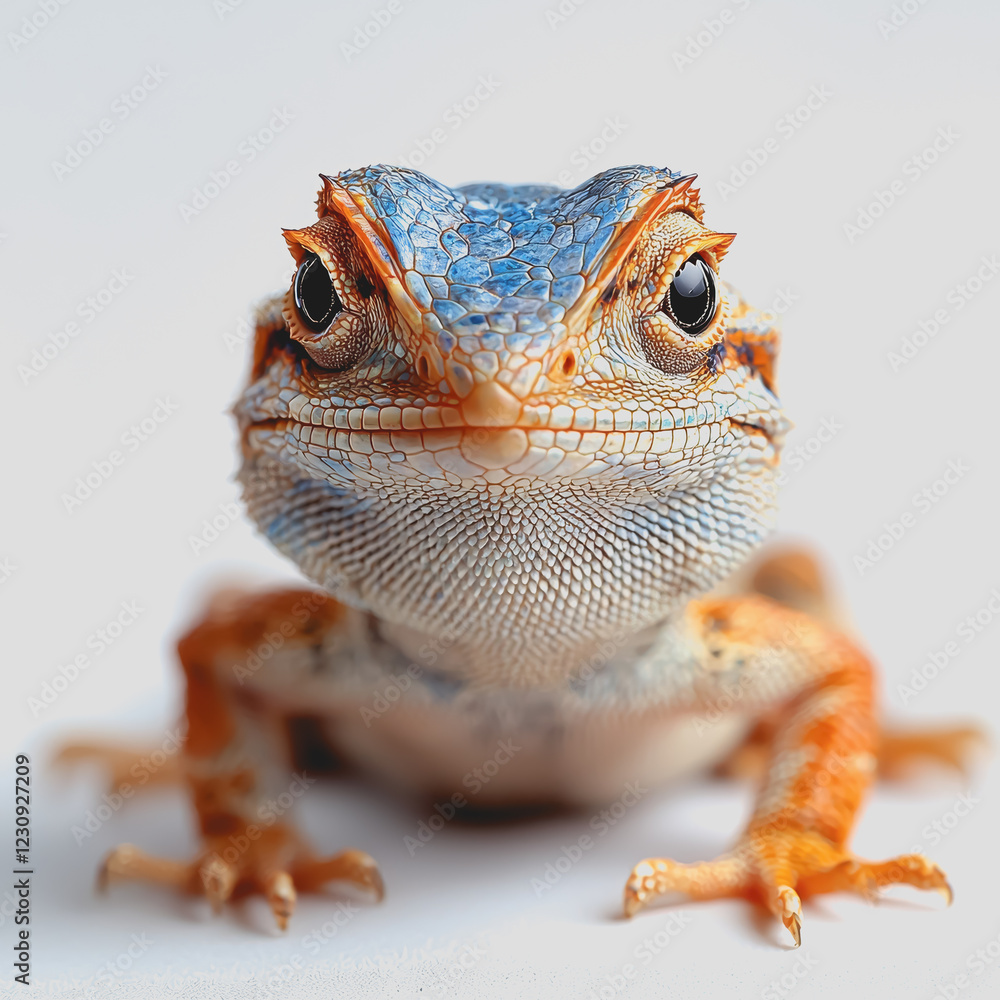 Poster lizard with blue and orange face perched on a branch in natural habitat showcasing unique coloration