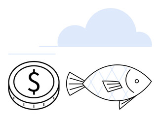 Dollar coin and fish with a cloud above suggest themes of commerce, fishing economy, sustainability, value, natural resources, food security, and abstract line flat metaphor