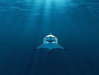 Obraz premium Majestic great white shark swimming in deep blue ocean, realistic textures, 3D illustration