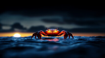 Moonlit crab glowing under the soft ocean waves, magical night scene, 3D illustration
