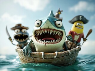 Pirate shark crew sailing on a sunken ship, adventurous storytelling, 3D illustration