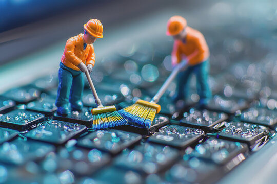 Two miniature figures cleaning a laptop keyboard with brushes and cloths in a close-up view to depict a detailed cleaning process on a computer device
