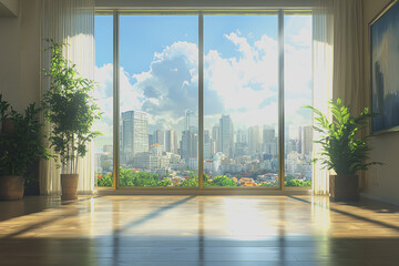 Fototapeta premium Modern interior of a room featuring large windows with a panoramic view of a vibrant city skyline during daylight hours