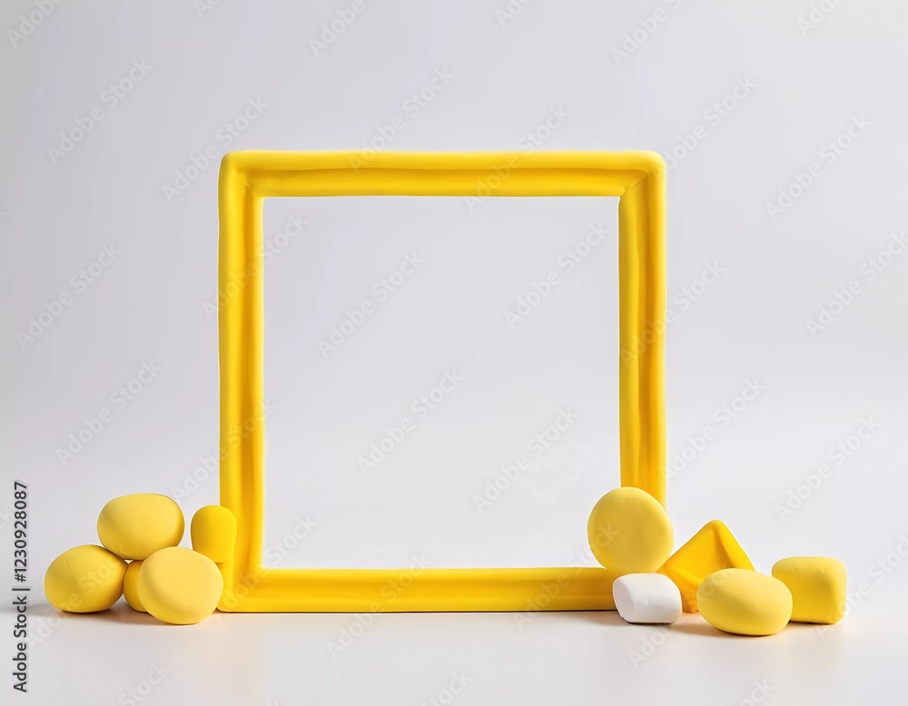 Poster a rectangular yellow frame stands in the center of a white background, surrounded by various colorfu