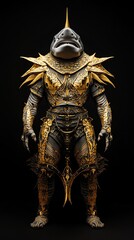 Shark covered in golden armor, legendary sea guardian, 3D illustration
