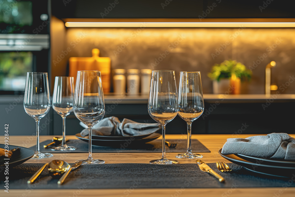 Poster table set with a plate glasses and a folded napkin ready for a meal in a dining setting with a clean