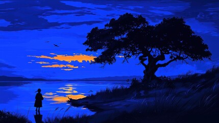 Girl watching sunset by lake, tree silhouette, peaceful evening, nature scene, ideal for calming backgrounds
