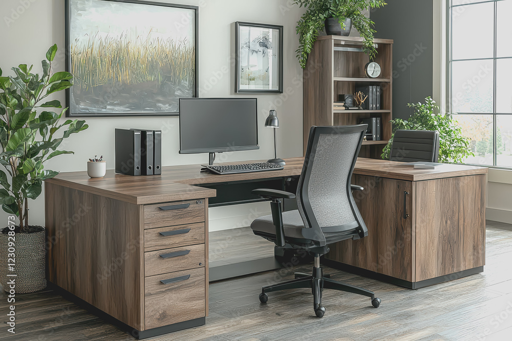 Aufkleber desk setup featuring a computer keyboard and a potted plant for a modern workspace environment