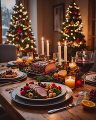 Elegant New Year's Eve Dinner with Christmas Tree and Festive Decorations