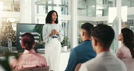 Presentation, audience and screen with businesswoman in office, project training or discussion. Boardroom, employees and corporate trainer with technology for skills development, workshop or meeting