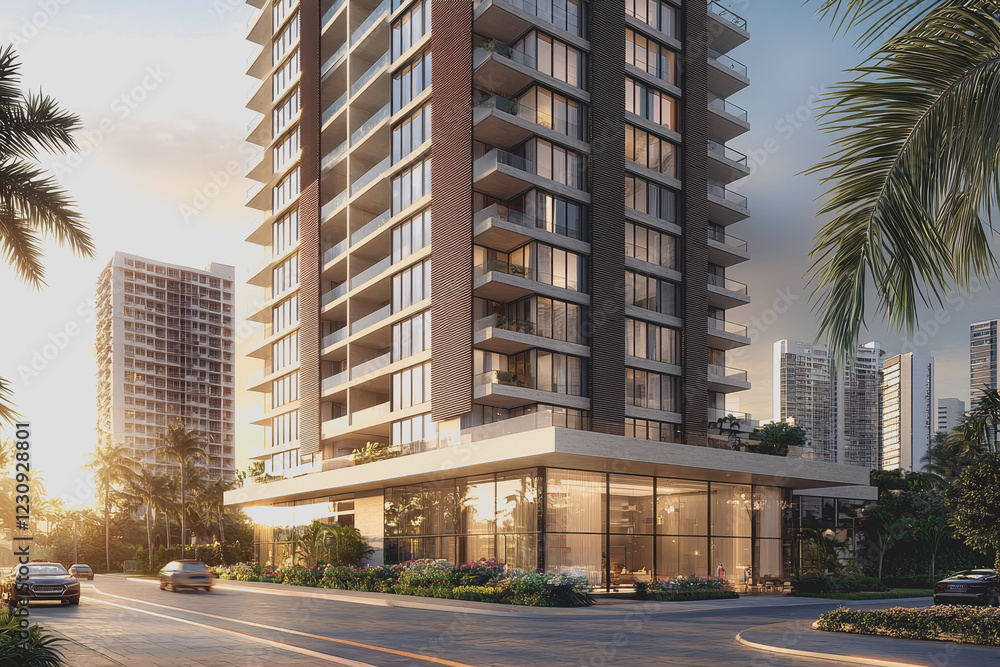 Poster modern architectural design featuring a contemporary building with numerous large windows and a slee