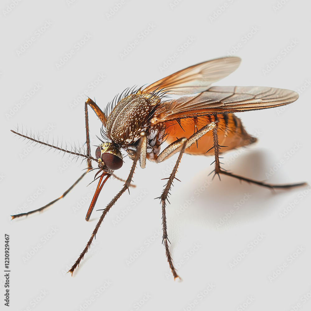 Poster close up image of a fly resting on a white surface with detailed features and textures visible in na