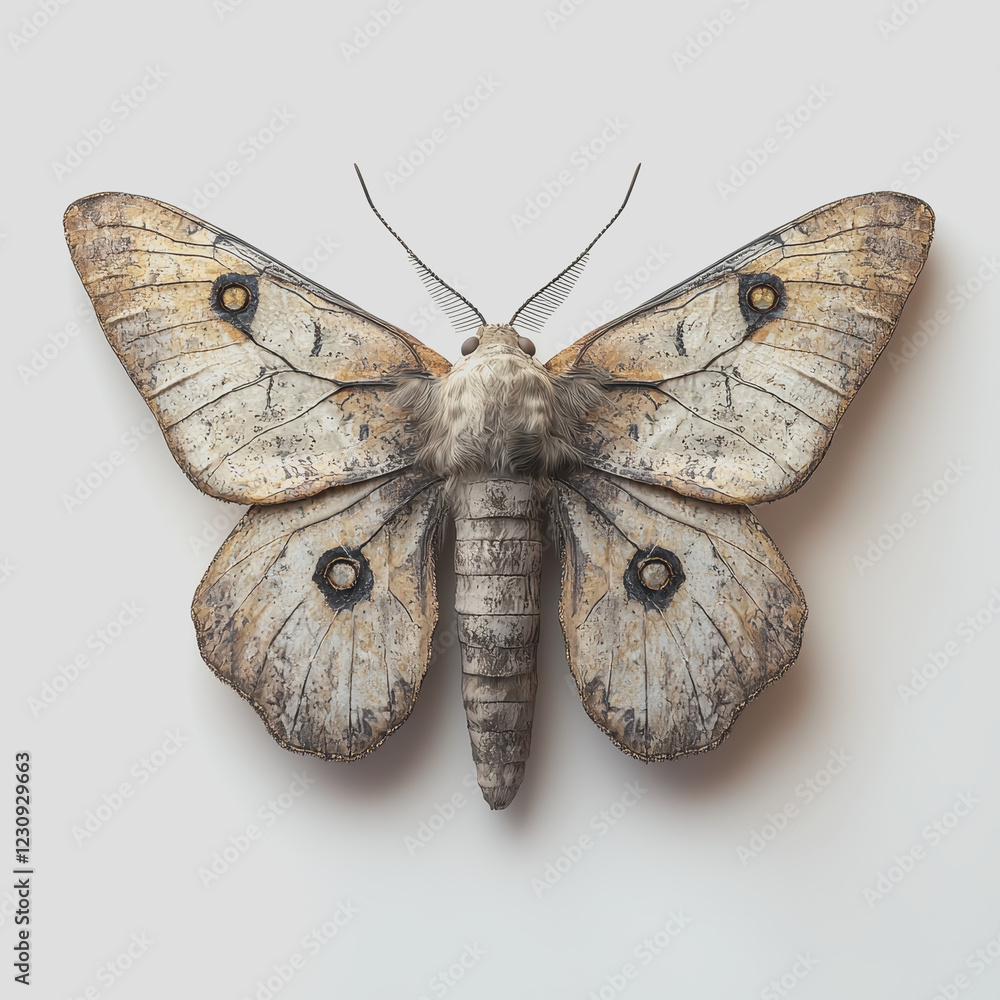 Poster moth resting on a clean white background showcasing its delicate wings and intricate patterns in a s