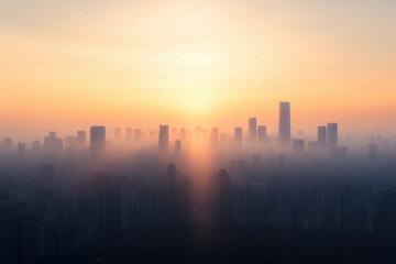 Fototapeta premium A city skyline with a sun setting in the background