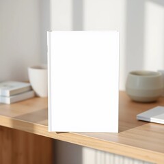 Blank White Book Mockup on Wooden Shelf Minimalist Design Modern Interior Sunlit Room